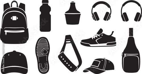 Black silhouettes of travel and fashion accessories