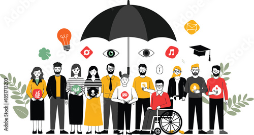 Diverse Group Of People Standing Together Under A Protective Umbrella Symbolizing Insurance, Security, Social Protection, And Universal Coverage Vector