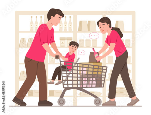 Parents and Their Son Selecting Products and Shopping Consumer Goods at Grocery Shop in Convenience Store for Family Member Lifestyle, Supermarket and Retail Store Concept Illustration