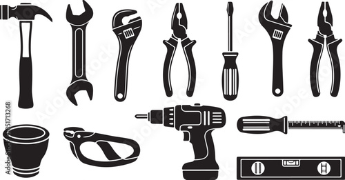 Black silhouette tools for construction and repair work