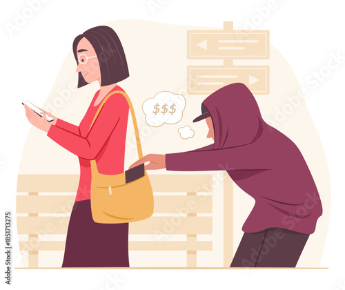 Pickpocket Thief in Hood Trying to Steal a Woman's Wallet from Her Bag while She Using Mobile Phone Outdoors for Social Crime and Illegal Concept Illustration