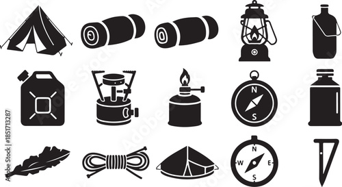 Camping essentials icons for outdoor adventures