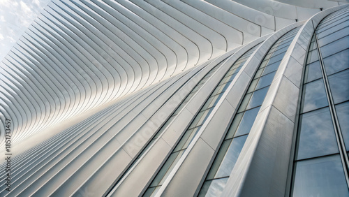 Futuristic architecture with curved silver panels and glass windows creates dynamic, modern design