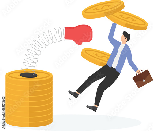 Inflation, currency devaluation, merchants and gold coins flying out on springs
