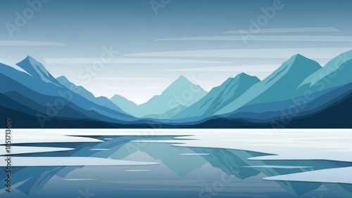 Serene mountain range with icy peaks reflected in calm lake water under blue gradient sky