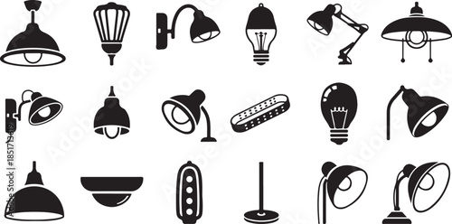 Various lamps and lighting fixtures in black silhouette