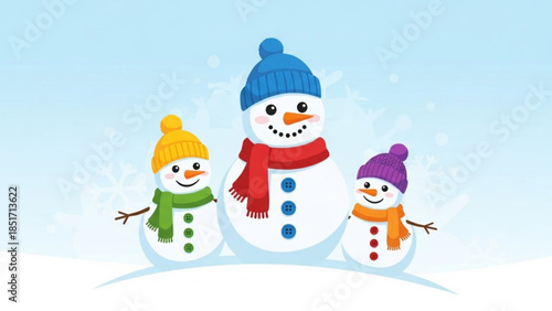 Three happy snowmen wearing colorful hats and scarves standing together in snow