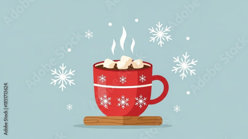 A red festive mug with marshmallows on top, snowflakes around, and cinnamon sticks on a blue