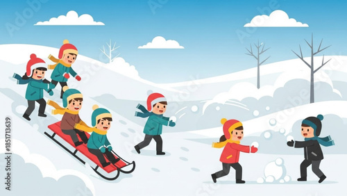 Children playing in snow with sled, winter fun, kids sledding down snowy hill, snowball fight
