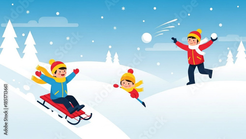 Children playing in snow, kid on sled, snowball fight, winter fun, snowy landscape, kids having