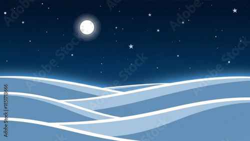 Night sky with wavy lines, full moon and stars in dark blue background, abstract illustration