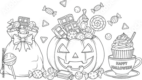 Black And White Halloween Coloring Page Illustration With Jack-o'-Lantern Pumpkin Full Of Candy Treats, Lollipops, And Cupcakes Vector Art