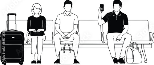 Travelers Waiting For Boarding Flight Sitting On Airport Terminal Bench With Luggage Using Smartphone Minimalist Style Vector Illustration