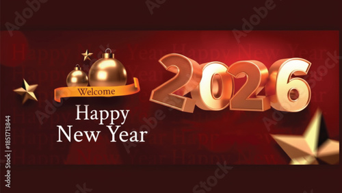 A 3d rendering of 2026 happy new year text with golden ornaments and stars on a rich red background.