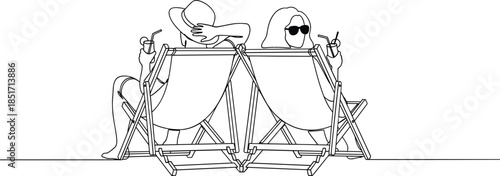Two women friends relaxing on wooden deck chairs, enjoying cold drinks while wearing sun hats and sunglasses, created in a modern, single continuous line art vector style