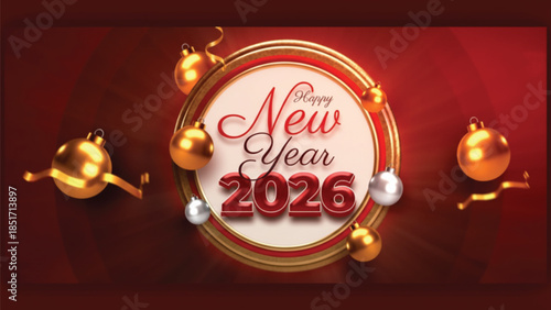 Festive 3d rendering of happy new year 2026 greeting with golden ornaments on a rich red background.