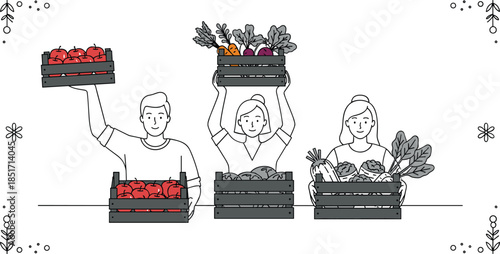 Happy Diverse People Holding Wooden Crates Full of Apples and Fresh Vegetables Promoting a Healthy Organic Local Market Concept