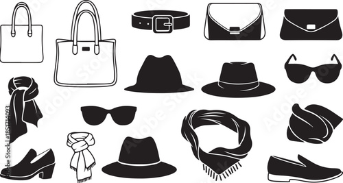 Fashion accessories icons set with hats, bags and shoes