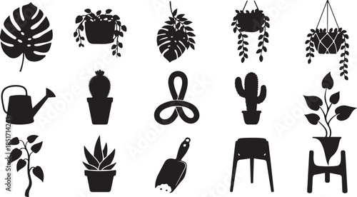 Black silhouettes of various plants and gardening tools