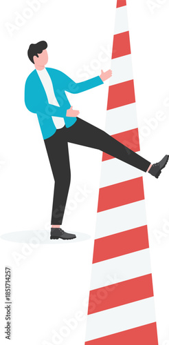 The businessman’s foot crosses the cordon restricted area to lift the restriction and isolation
