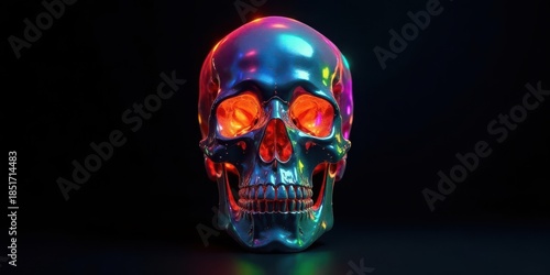 Chromatic Skull A Glowing, Metallic Human Cranium in Vivid Hues on a Dark Background