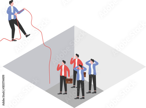 Businessman moving a ladder to rescue a companion in a trap

