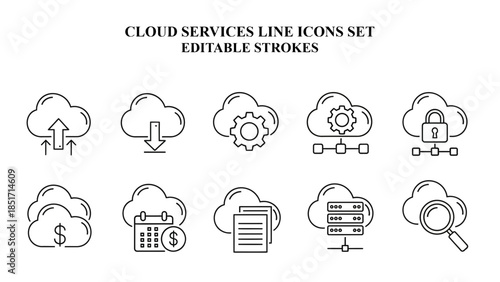 Collection of cloud computing outline icons representing data management security and finance on transparent background