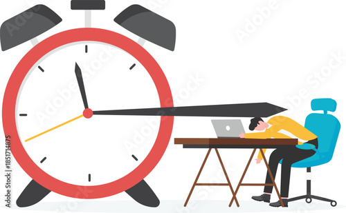 isometric image, red alarm clock hit the minute hand of a man in a business suit
