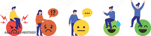 Flat vector illustration set of people interacting with large emoji faces representing different moods: angry, sad, neutral, happy, and overjoyed customer feedback