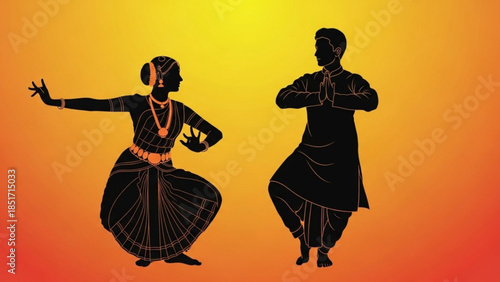 Traditional Indian Classical Dance Performance with Silhouetted Dancers in Vibrant Orange Background with Cultural Attire and Jewelry Details