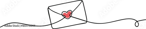 Elegant continuous one line drawing of a love letter envelope with a heart seal in a minimalist romantic Valentine’s Day outline, vector illustration