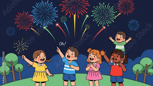 Vibrant Fireworks Display Delights Cheerful Children on Summer Night Celebration Fun