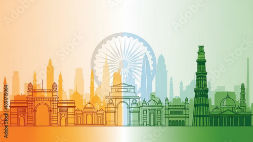 Vibrant Indian Cityscape Silhouette with Iconic Landmarks and Ferris Wheel at Sunset, Tourism and Travel Concept in Gradient Colors