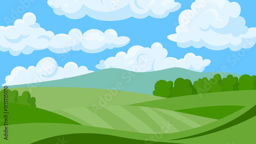 green landscape and cloudy sky