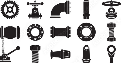 Industrial pipe fittings and tools icons