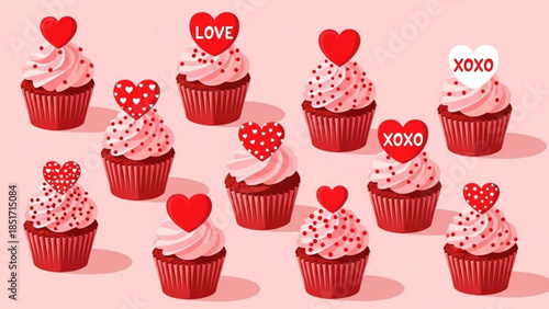 Delicious Valentine's Day Cupcakes with Hearts and Love Symbols on Pink Background for Sweet Romantic Celebrations and Gift Ideas