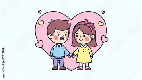 Cute Cartoon Lovers Holding Hands in Front of Pink Heart with Yellow and Pink Hearts on Light Blue Background Illustration