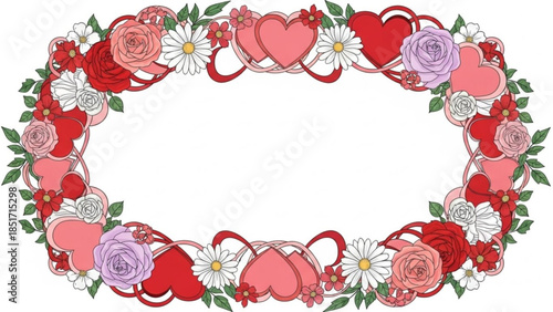 Beautiful Valentine's Day Floral Heart Shaped Frame with Roses, Ribbons, and Leaves for Photo or Text