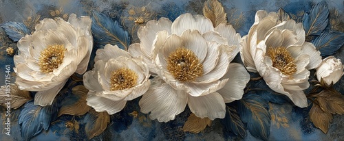 Elegant floral artwork featuring large, creamy white peonies complemented by blue leaves, ideal for home decor, greeting cards, or wedding invitations