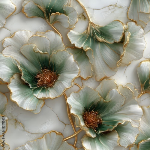 Elegant floral pattern featuring white and green blossoms with golden outlines against a marble background, ideal for use in home decor, textiles, or graphic design projects,