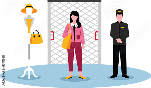 Flat vector illustration of a young woman standing in front of a clothing store with a male security guard and a mannequin display