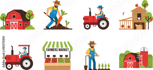 Flat vector illustration collection of farm and agricultural elements, including barns, a silo, farmers, tractors, and a local farmers market stand