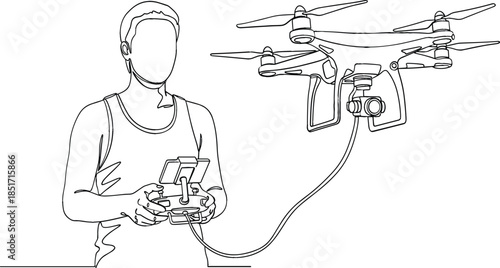 Continuous line art vector illustration of a man operating a professional drone with a camera using a remote controller and monitor screen