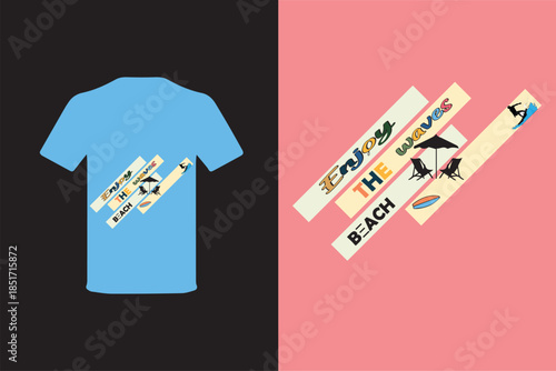 Tshirt design mockup with enjoy the beach graphic on split background