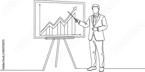 Continuous line art drawing of a businessman in a suit using a pointer to present an upward trending financial growth chart on a whiteboard