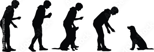 Dog training silhouette sequence, owner giving commands, leash free obedience, sit and stay demonstration, human dog interaction, reward based positive reinforcement, vector illustration