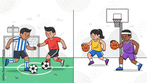 Kids Playing Soccer and Basketball Sports Illustration