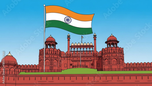 Vibrant Indian Flag Waving Above Historic Red Fort Architecture in Delhi, India, National Pride and Cultural Heritage Icon