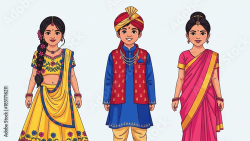 Traditional Indian Wedding Attire Illustration Featuring Vibrant Lehenga Saree Kurta for Cultural Festivities and Celebrations