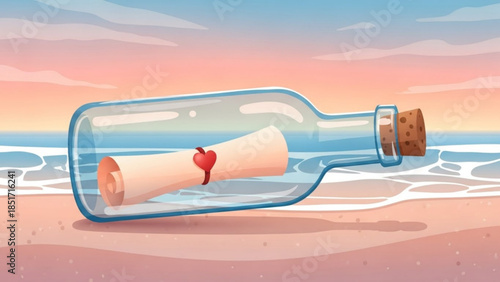 Message in a Bottle, Romantic Beach Scene with Letter and Heart, Beautiful Sunset Ocean Background